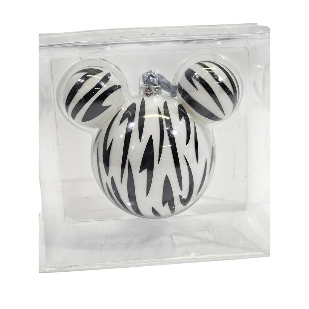 Disney Parks Animal Kingdom Mickey Mouse Head Zebra Glass Ornament Black White